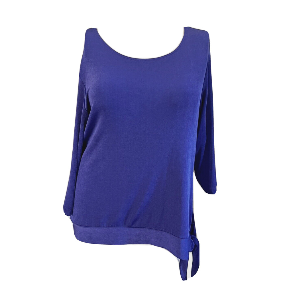 CHICOS Travelers Womens 3 Purple Slinky Liquid Knit Top Side Tie 3/4 Slv XL/16